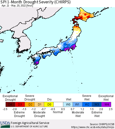 Japan SPI 1-Month Drought Severity (CHIRPS) Thematic Map For 4/21/2022 - 5/20/2022