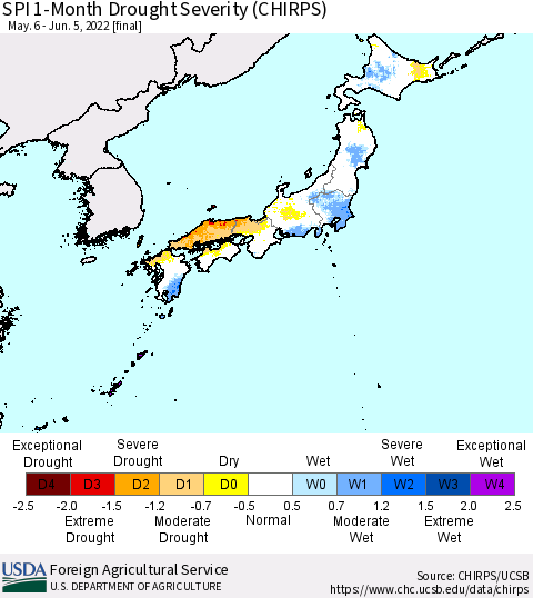 Japan SPI 1-Month Drought Severity (CHIRPS) Thematic Map For 5/6/2022 - 6/5/2022