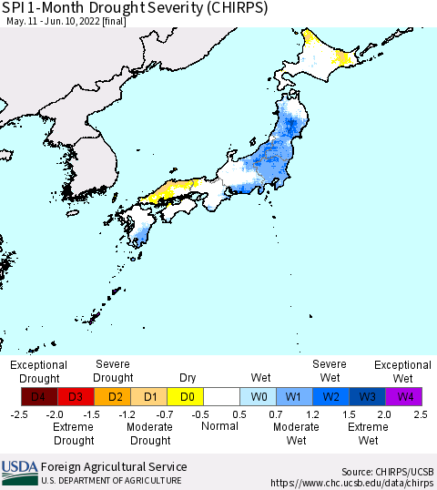 Japan SPI 1-Month Drought Severity (CHIRPS) Thematic Map For 5/11/2022 - 6/10/2022