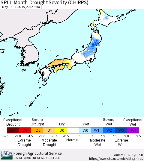 Japan SPI 1-Month Drought Severity (CHIRPS) Thematic Map For 5/16/2022 - 6/15/2022
