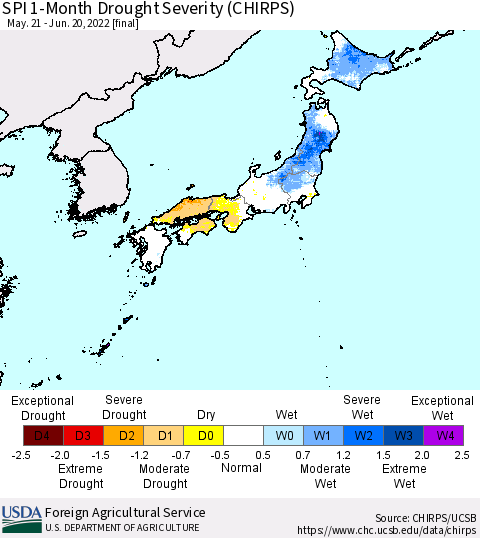 Japan SPI 1-Month Drought Severity (CHIRPS) Thematic Map For 5/21/2022 - 6/20/2022