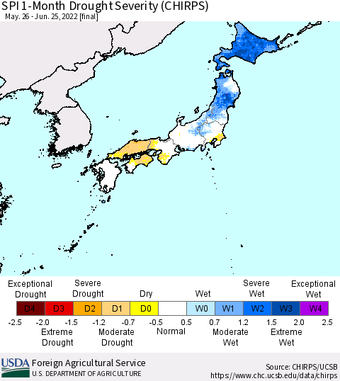 Japan SPI 1-Month Drought Severity (CHIRPS) Thematic Map For 5/26/2022 - 6/25/2022