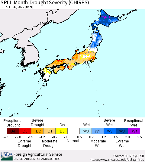Japan SPI 1-Month Drought Severity (CHIRPS) Thematic Map For 6/1/2022 - 6/30/2022