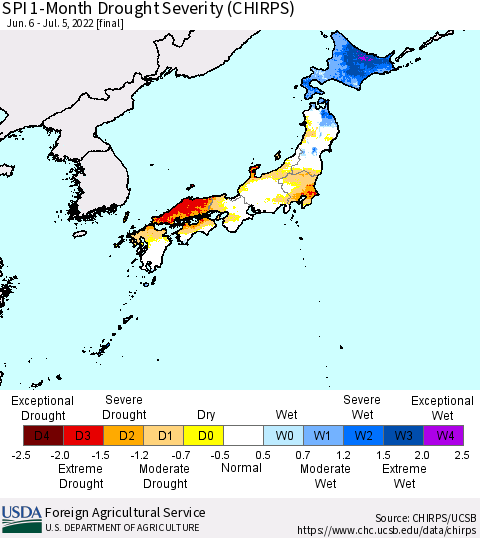 Japan SPI 1-Month Drought Severity (CHIRPS) Thematic Map For 6/6/2022 - 7/5/2022