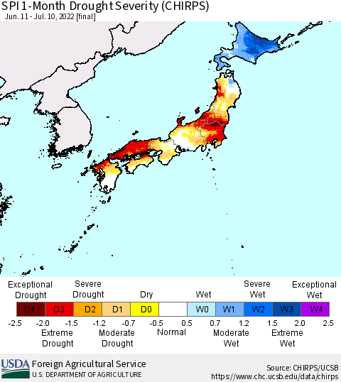 Japan SPI 1-Month Drought Severity (CHIRPS) Thematic Map For 6/11/2022 - 7/10/2022