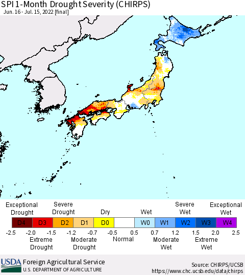 Japan SPI 1-Month Drought Severity (CHIRPS) Thematic Map For 6/16/2022 - 7/15/2022
