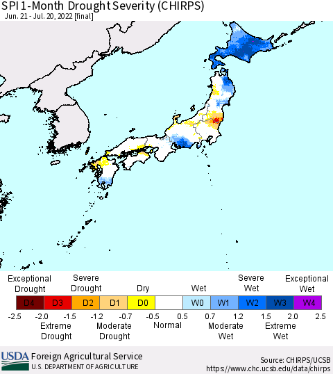 Japan SPI 1-Month Drought Severity (CHIRPS) Thematic Map For 6/21/2022 - 7/20/2022