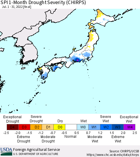 Japan SPI 1-Month Drought Severity (CHIRPS) Thematic Map For 7/1/2022 - 7/31/2022