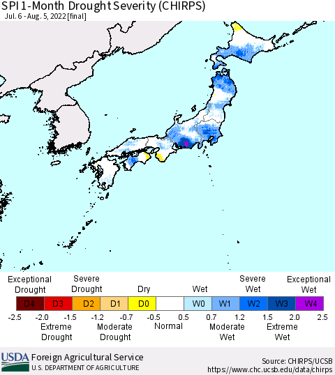Japan SPI 1-Month Drought Severity (CHIRPS) Thematic Map For 7/6/2022 - 8/5/2022