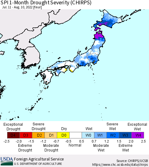 Japan SPI 1-Month Drought Severity (CHIRPS) Thematic Map For 7/11/2022 - 8/10/2022