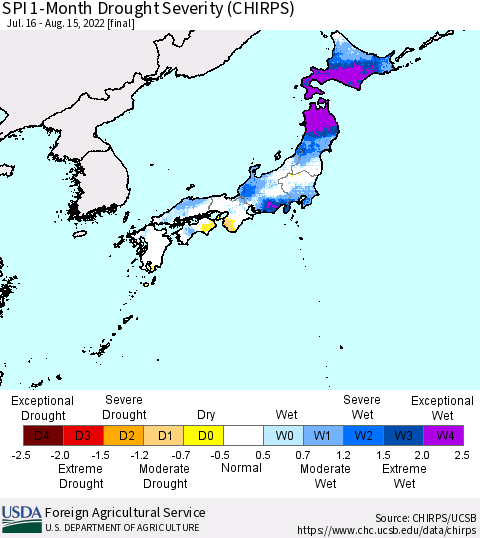 Japan SPI 1-Month Drought Severity (CHIRPS) Thematic Map For 7/16/2022 - 8/15/2022