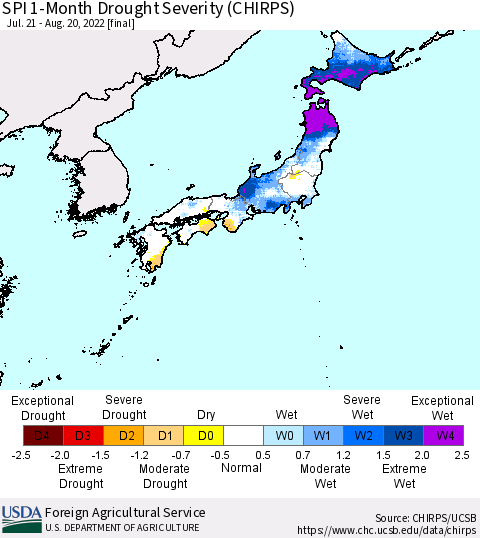 Japan SPI 1-Month Drought Severity (CHIRPS) Thematic Map For 7/21/2022 - 8/20/2022