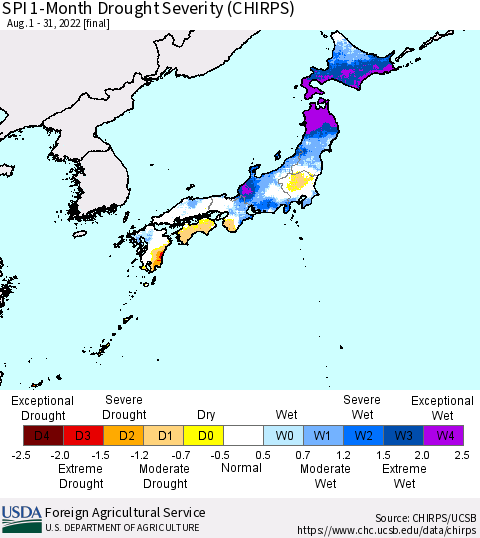 Japan SPI 1-Month Drought Severity (CHIRPS) Thematic Map For 8/1/2022 - 8/31/2022