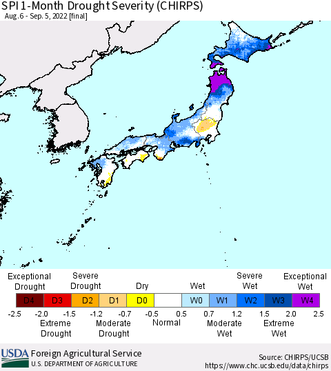 Japan SPI 1-Month Drought Severity (CHIRPS) Thematic Map For 8/6/2022 - 9/5/2022