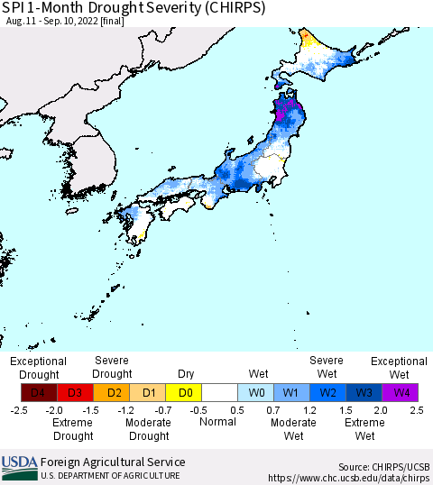 Japan SPI 1-Month Drought Severity (CHIRPS) Thematic Map For 8/11/2022 - 9/10/2022