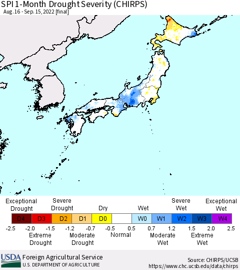 Japan SPI 1-Month Drought Severity (CHIRPS) Thematic Map For 8/16/2022 - 9/15/2022