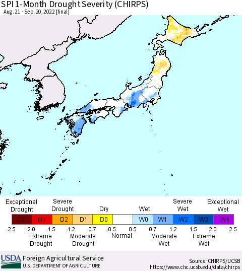 Japan SPI 1-Month Drought Severity (CHIRPS) Thematic Map For 8/21/2022 - 9/20/2022