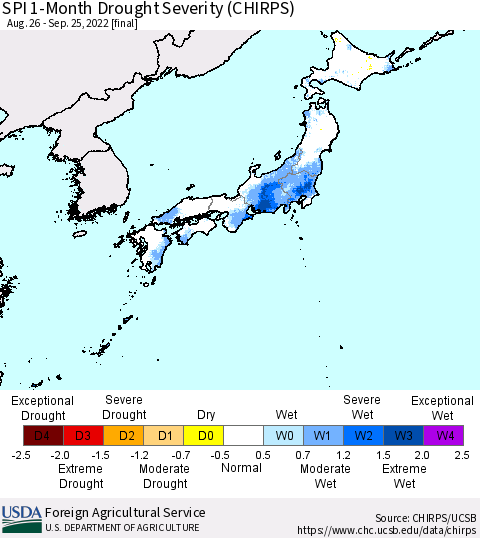 Japan SPI 1-Month Drought Severity (CHIRPS) Thematic Map For 8/26/2022 - 9/25/2022