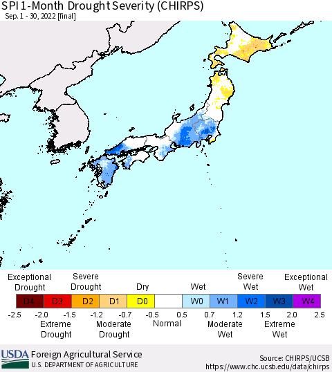 Japan SPI 1-Month Drought Severity (CHIRPS) Thematic Map For 9/1/2022 - 9/30/2022