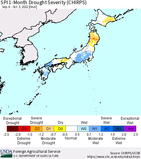 Japan SPI 1-Month Drought Severity (CHIRPS) Thematic Map For 9/6/2022 - 10/5/2022