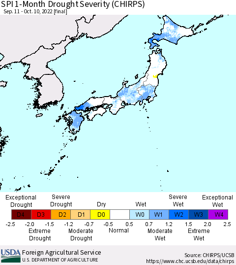 Japan SPI 1-Month Drought Severity (CHIRPS) Thematic Map For 9/11/2022 - 10/10/2022
