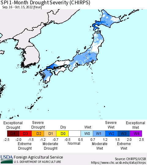 Japan SPI 1-Month Drought Severity (CHIRPS) Thematic Map For 9/16/2022 - 10/15/2022