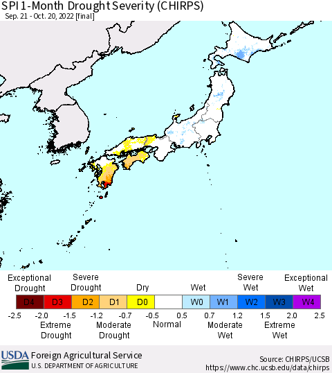 Japan SPI 1-Month Drought Severity (CHIRPS) Thematic Map For 9/21/2022 - 10/20/2022
