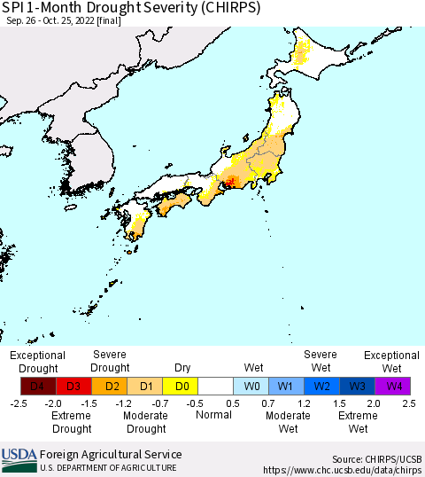 Japan SPI 1-Month Drought Severity (CHIRPS) Thematic Map For 9/26/2022 - 10/25/2022