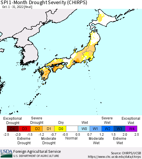Japan SPI 1-Month Drought Severity (CHIRPS) Thematic Map For 10/1/2022 - 10/31/2022