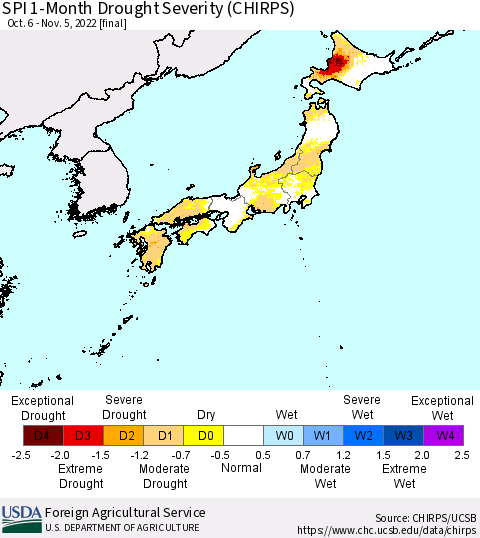 Japan SPI 1-Month Drought Severity (CHIRPS) Thematic Map For 10/6/2022 - 11/5/2022
