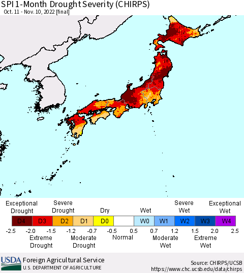 Japan SPI 1-Month Drought Severity (CHIRPS) Thematic Map For 10/11/2022 - 11/10/2022