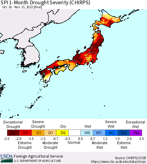 Japan SPI 1-Month Drought Severity (CHIRPS) Thematic Map For 10/16/2022 - 11/15/2022
