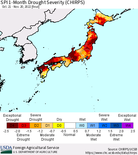 Japan SPI 1-Month Drought Severity (CHIRPS) Thematic Map For 10/21/2022 - 11/20/2022