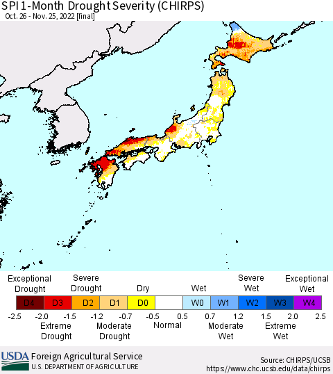 Japan SPI 1-Month Drought Severity (CHIRPS) Thematic Map For 10/26/2022 - 11/25/2022