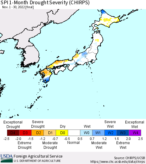 Japan SPI 1-Month Drought Severity (CHIRPS) Thematic Map For 11/1/2022 - 11/30/2022