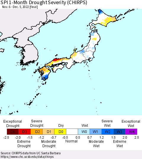 Japan SPI 1-Month Drought Severity (CHIRPS) Thematic Map For 11/6/2022 - 12/5/2022