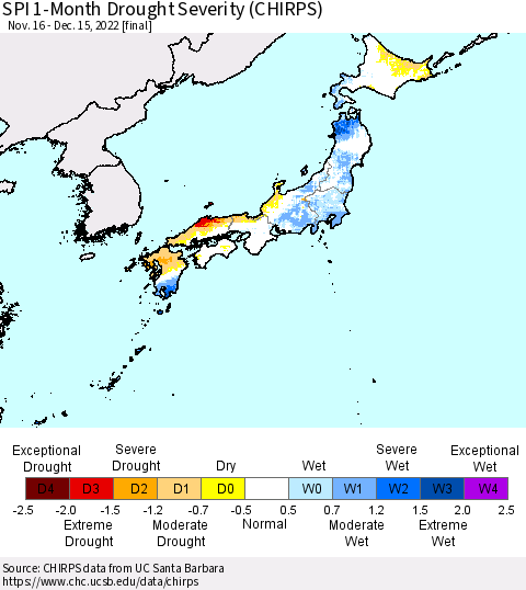 Japan SPI 1-Month Drought Severity (CHIRPS) Thematic Map For 11/16/2022 - 12/15/2022