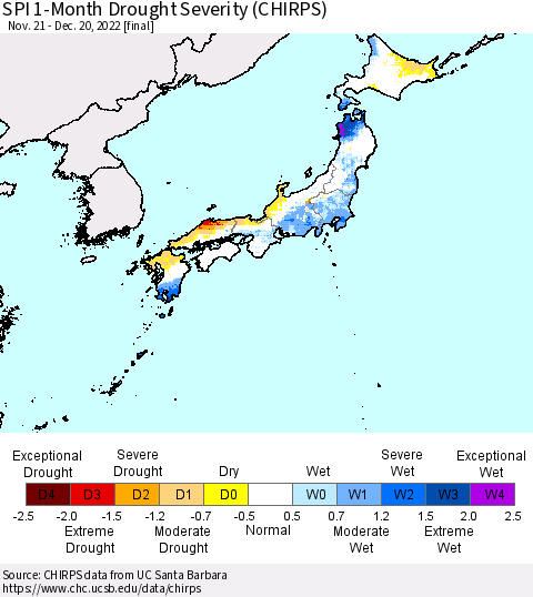 Japan SPI 1-Month Drought Severity (CHIRPS) Thematic Map For 11/21/2022 - 12/20/2022