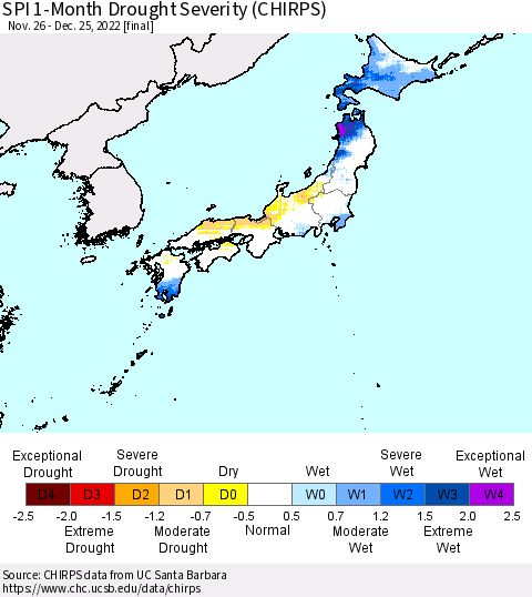 Japan SPI 1-Month Drought Severity (CHIRPS) Thematic Map For 11/26/2022 - 12/25/2022