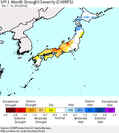Japan SPI 1-Month Drought Severity (CHIRPS) Thematic Map For 12/1/2022 - 12/31/2022