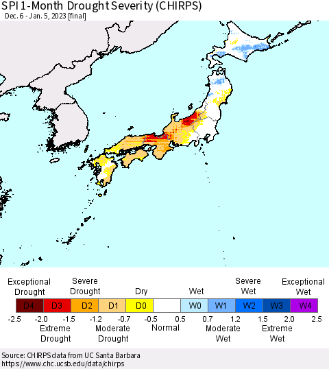 Japan SPI 1-Month Drought Severity (CHIRPS) Thematic Map For 12/6/2022 - 1/5/2023