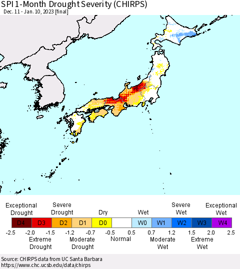 Japan SPI 1-Month Drought Severity (CHIRPS) Thematic Map For 12/11/2022 - 1/10/2023