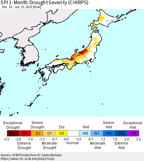 Japan SPI 1-Month Drought Severity (CHIRPS) Thematic Map For 12/16/2022 - 1/15/2023