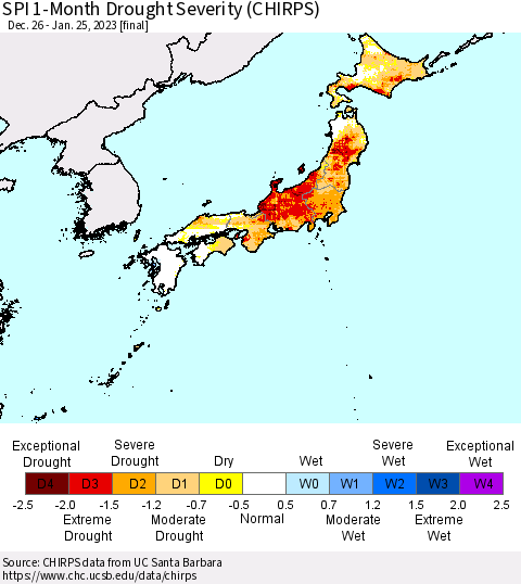 Japan SPI 1-Month Drought Severity (CHIRPS) Thematic Map For 12/26/2022 - 1/25/2023
