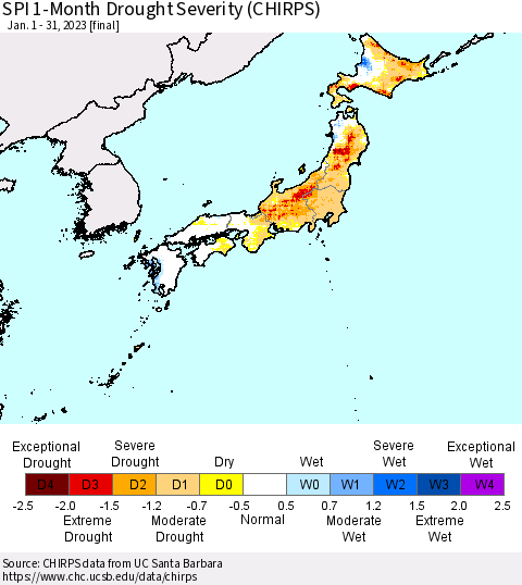 Japan SPI 1-Month Drought Severity (CHIRPS) Thematic Map For 1/1/2023 - 1/31/2023