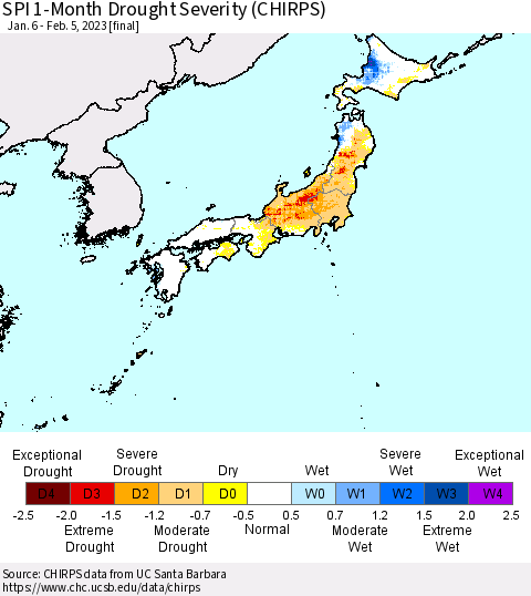 Japan SPI 1-Month Drought Severity (CHIRPS) Thematic Map For 1/6/2023 - 2/5/2023