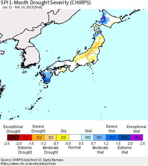 Japan SPI 1-Month Drought Severity (CHIRPS) Thematic Map For 1/11/2023 - 2/10/2023