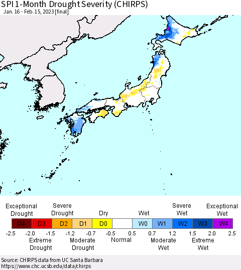 Japan SPI 1-Month Drought Severity (CHIRPS) Thematic Map For 1/16/2023 - 2/15/2023