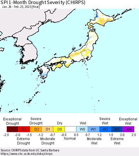 Japan SPI 1-Month Drought Severity (CHIRPS) Thematic Map For 1/26/2023 - 2/25/2023