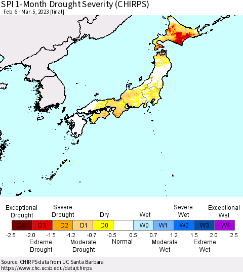 Japan SPI 1-Month Drought Severity (CHIRPS) Thematic Map For 2/6/2023 - 3/5/2023